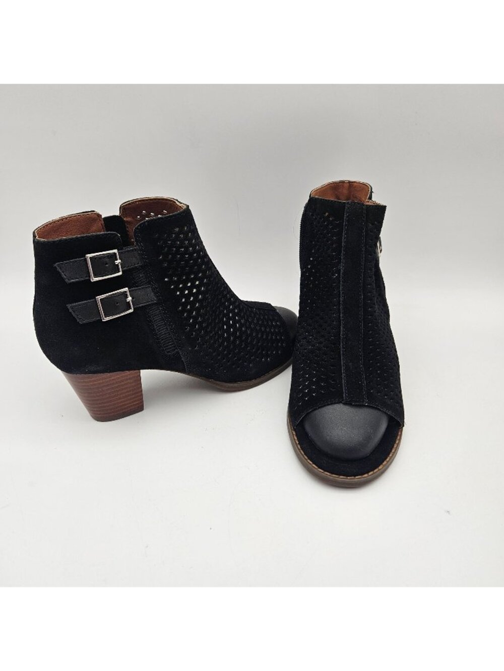Vionic Chryssa Black Suede Peep Toe Ankle Boot Booties Womens Sz 8 NEW
